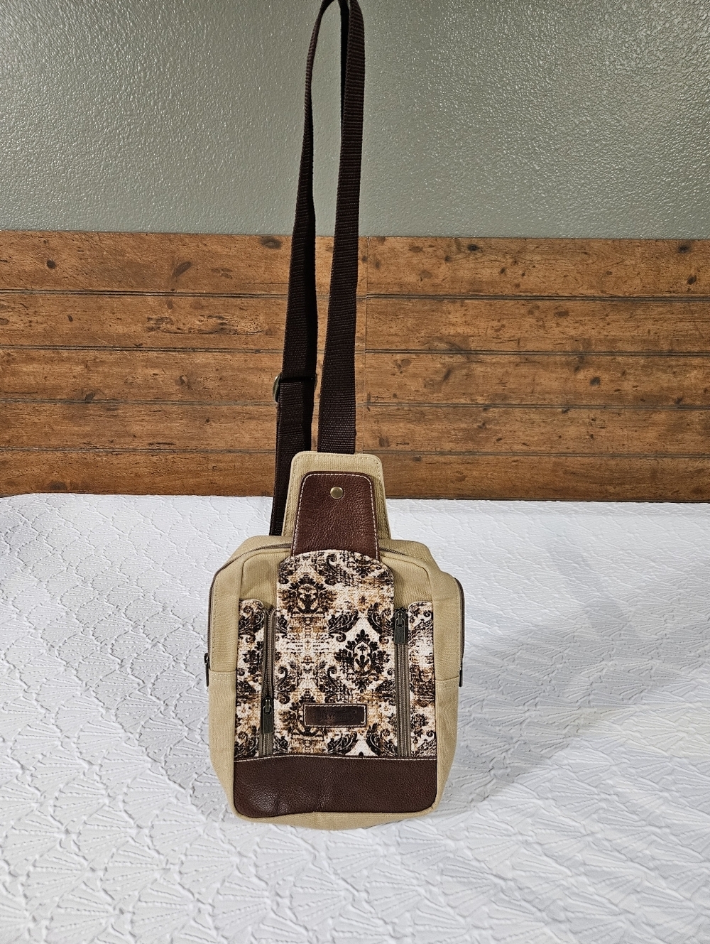 Sixtease Canvas Crossbody Travel Sling Bag in Beige and Brown